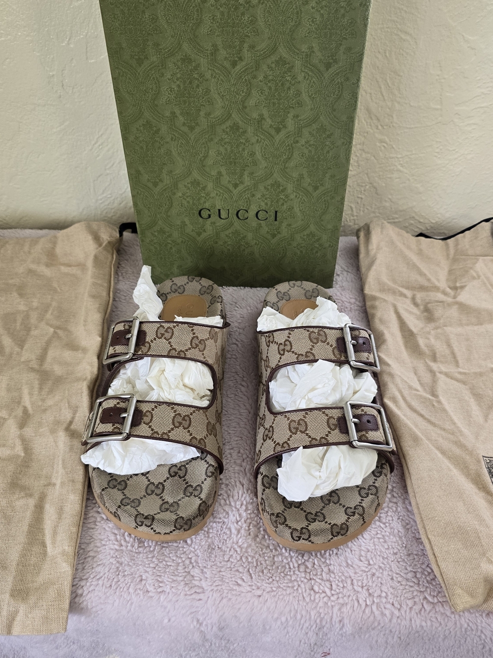 Gucci GG Supreme Canvas Double Buckle Slide Sandals Size US 9 (Gucci 8) -